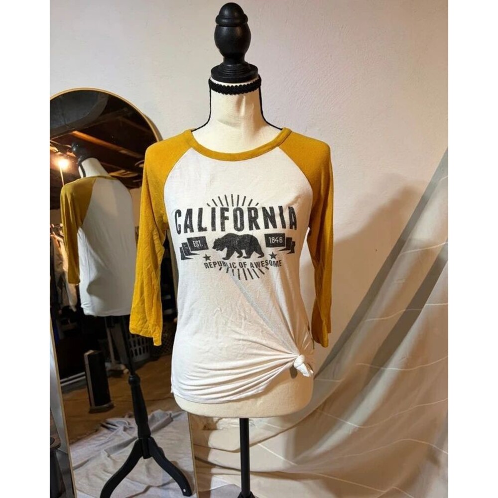 Rebel Sugar California Bear Baseball Tee Size S Mustard Raglan Graphic Shirt